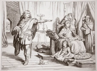 Intervista di Hereward con sua madre e il prete Herluin, illustrazione da Hereward the Great di Charles Kingsley, pub. 1870, inciso da C.G. Lewis